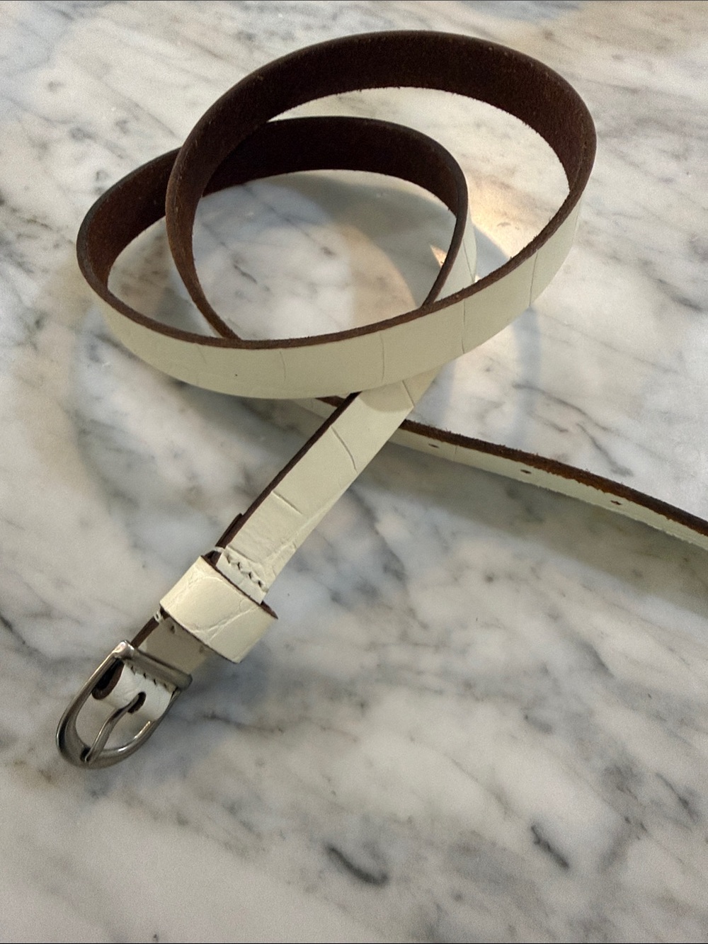 Abercrombie & Fitch Narrow Cream Leather Belt with Silver Buckle